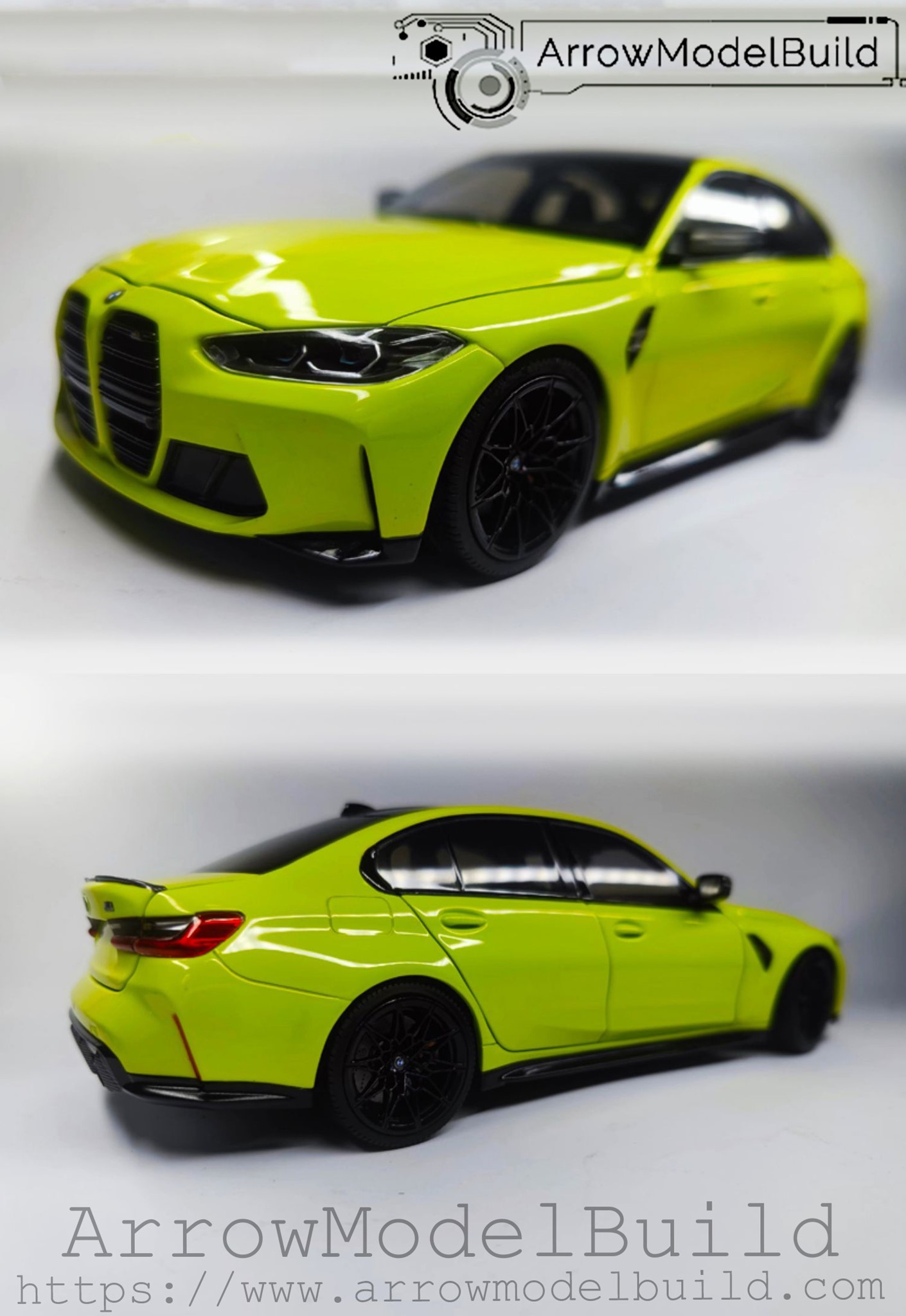 Picture of AeroModelBuild BMW M3 G80 (Sao Paulo Yellow) Black and Blue Interior with Black Wheels Built & Painted 1/18 Model Kit